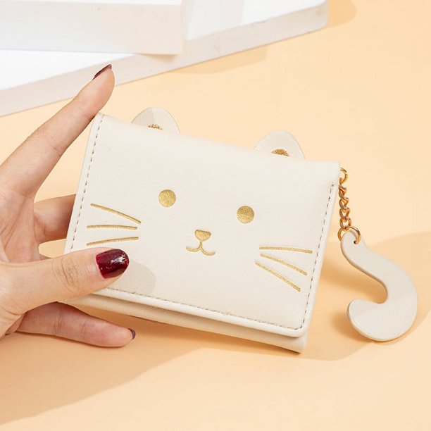 Cartera pequeña plegable para mujer, bonita cartera con diseño de gato fresco, monedero con dibujos animados para varias tarjetas, cartera para estudiantes