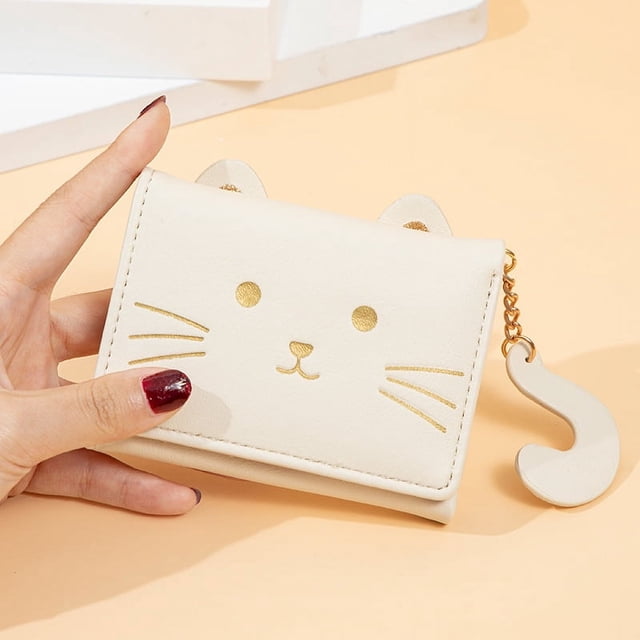 Cartera pequeña plegable para mujer, bonita cartera con diseño de gato fresco, monedero con dibujos animados para varias tarjetas, cartera para estudiantes