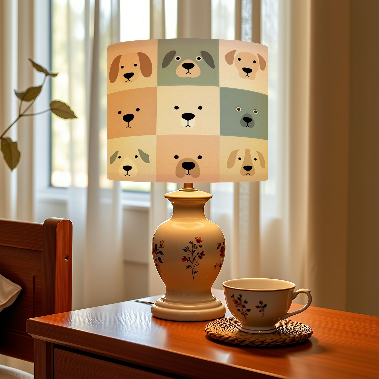 Boho Linen Drum Lampshades Cute dogs for kids baby animals nursery 13"x13"x10" Light Shade for Table Lamps Floor Lamp Shades Lampshade Replacement Assembly Required