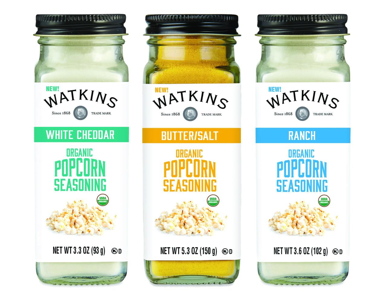 Watkins, 3-Pack Organic Popcorn Seasoning, White Cheddar 3.3 oz, 1 Butter/Salt 5.3 oz, 1 Ranch 3.6 oz