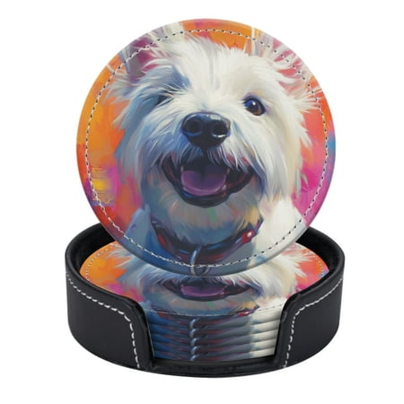 

PU Leather Coasters for Drinks Bar Beer Set of 6 with Holder Round Housewarming Gift Adorable White West Highland Terrier With Head Tilted
