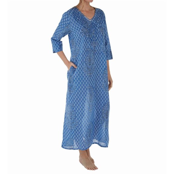 Women's La Cera 3002 100% Cotton Sequin Caftan (Blue Paisley M)