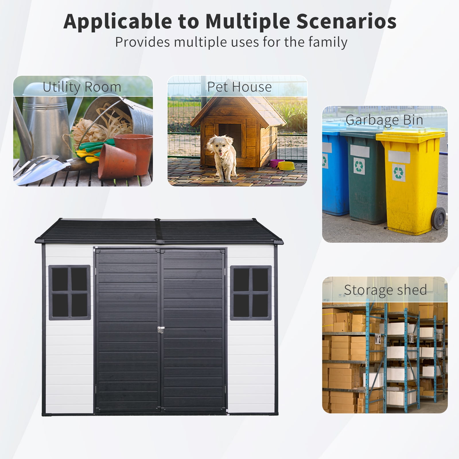 IMagacFun 8x6 Resin Outdoor Storage Shed Heavy Duty Waterproof Shed Plastic Shed with Floor,2 Windows and Lockable Doors for Garden Patio Backyard Grey White