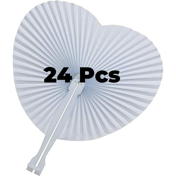 LQQBOX 24 Pack White Folding Fans- Heart Shaped Handheld Folding Accordion Paper Fans Assortment with Plastic Handle for Wedding Birthday Celebration Party Favors Bag Filler