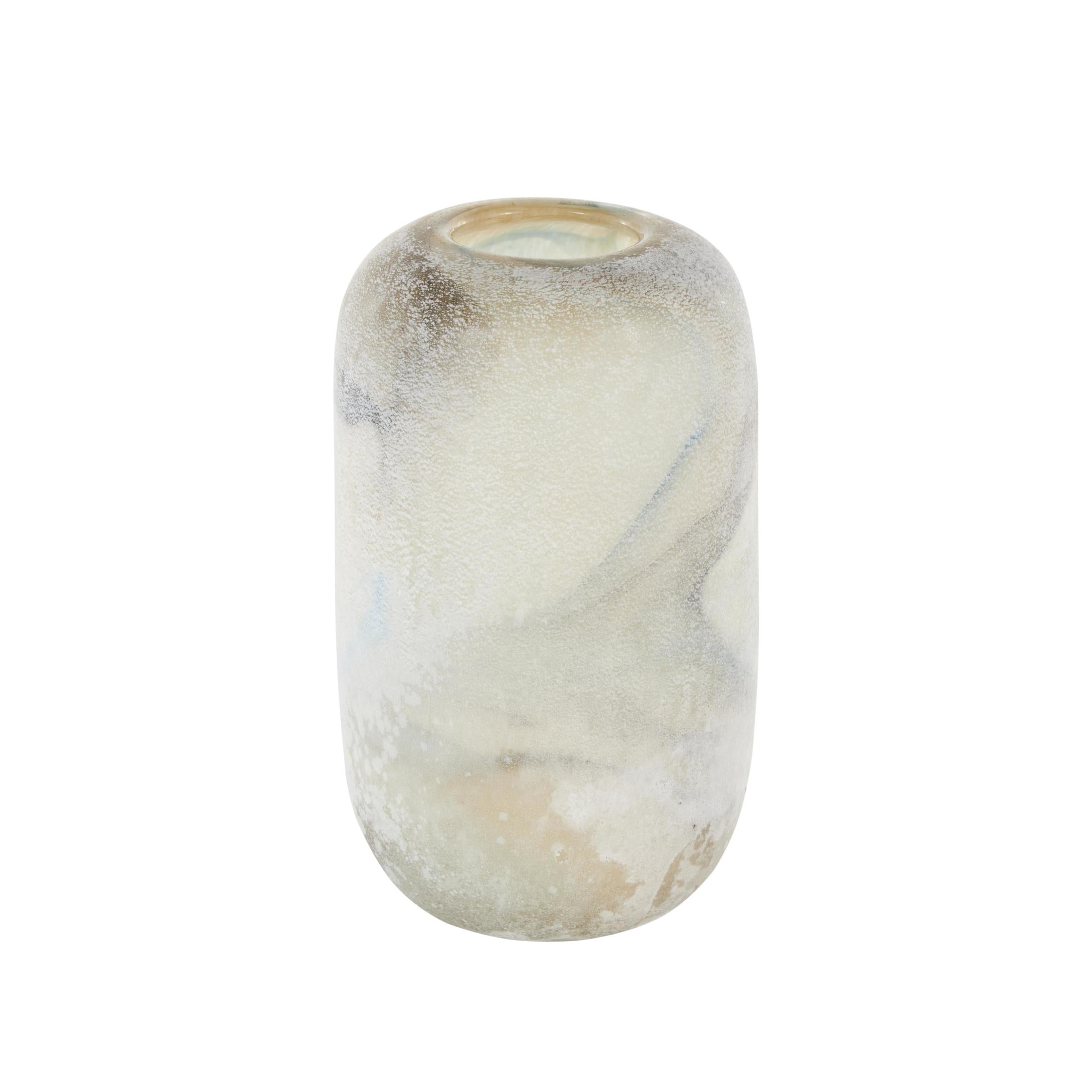 DecMode 10" Distressed Cream Glass Vase with Blue and Tan Texturing