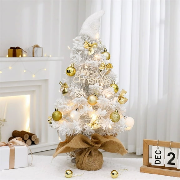 Pre-Lit Artificial Mini Christmas Tree,18 Inch Snow Flocked Artificial Pine Xmas Tree with LED Lights,Desktop Christmas Tree Burlap Base for Holiday Home Decoration(45cm)