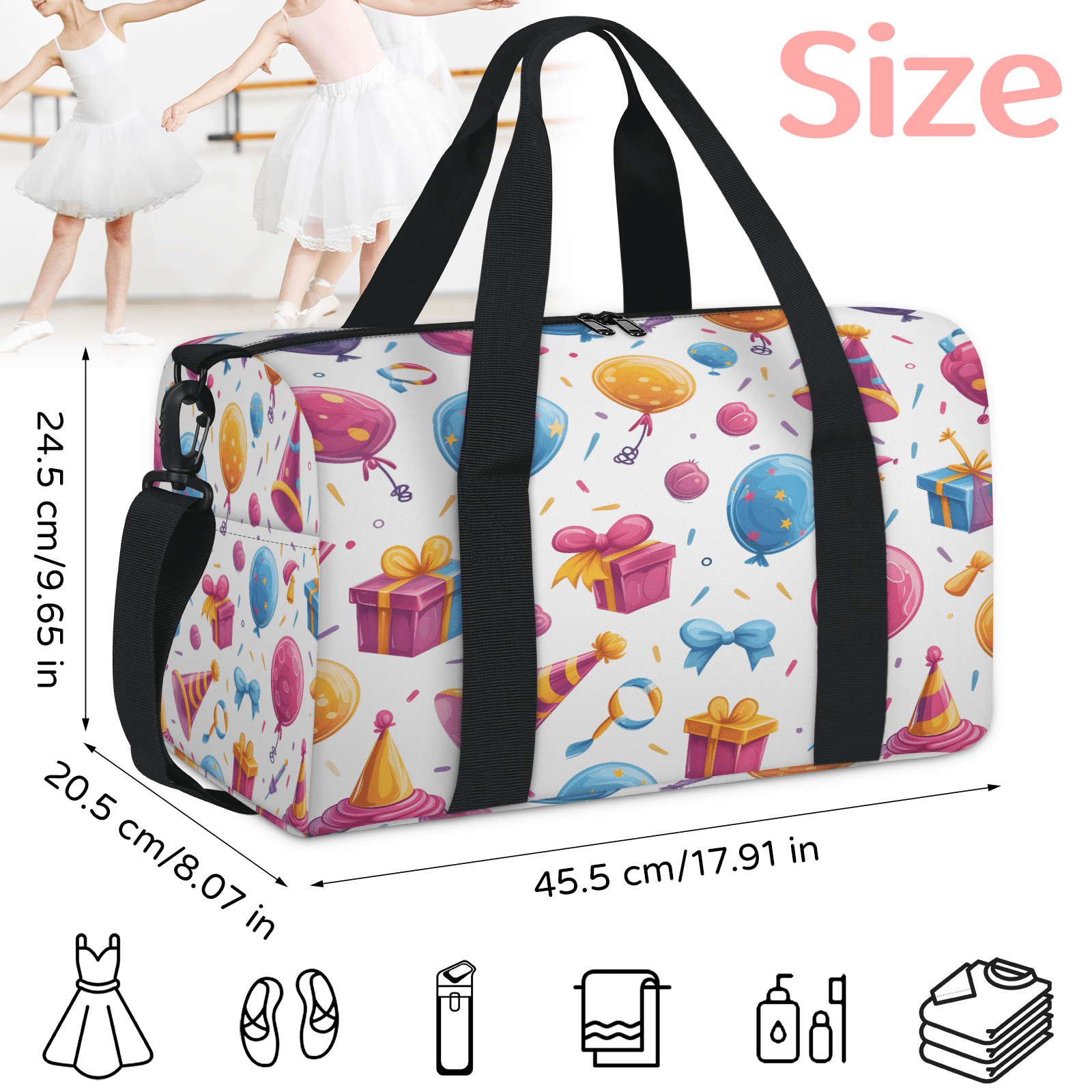 Herdesigns Happy Birthday Theme Gym Bag for Women, Duffle Bag for Travel Sport, Lightweight Waterproof Carry on Weekender Overnight Dance Yoga Workout Bags