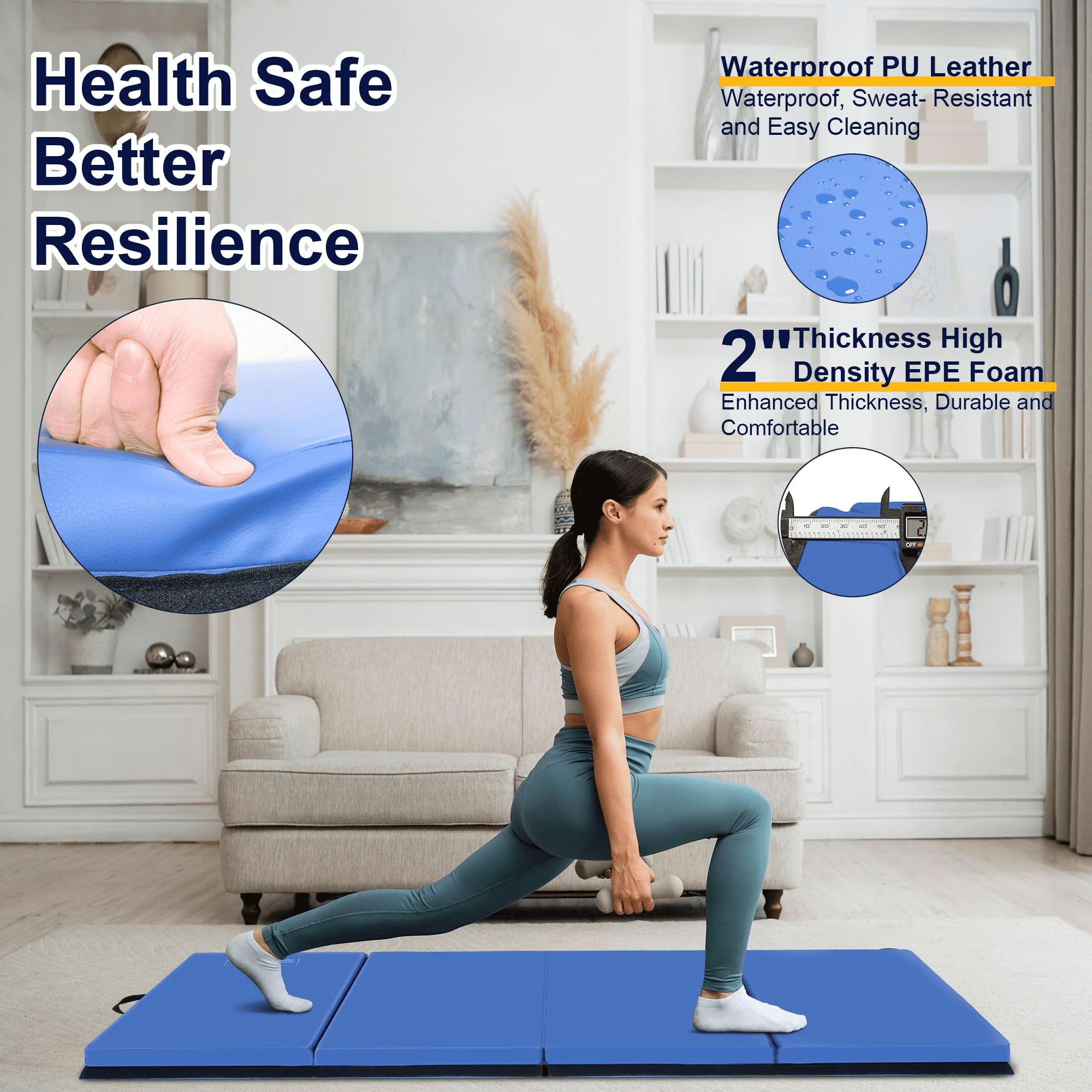 BETISEF 3'x6'x2'' Thick Folding Gymnastics Mat Aerobics Stretching Yoga Mats Blue