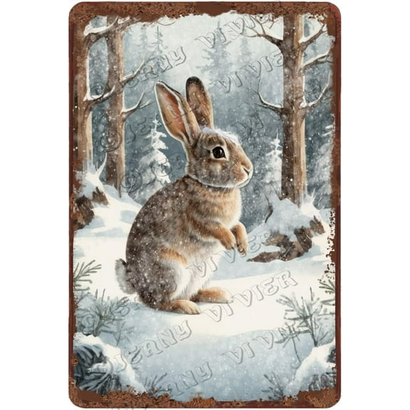 Winter Decor Rabbit Novelty Aluminum Sign Rustic Farmhouse Decor Christmas Party Decorative Snowy Forest Decor Nature Picture Woodland Animal Wall Decor 12x8 inches