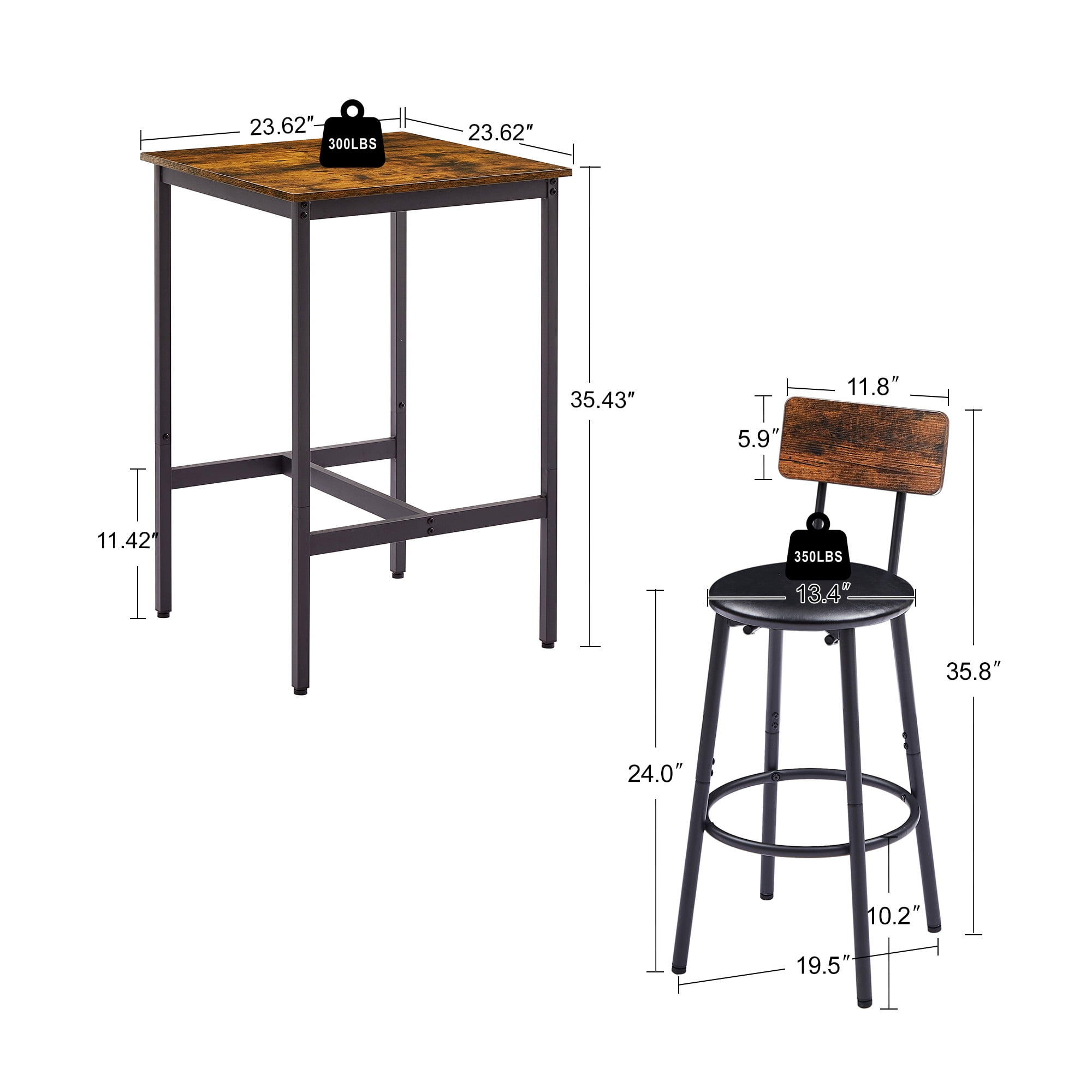 DEALTOPS 23.62'' Bar Table Set with 2 Bar stools PU Soft seat with backrest-Rustic Brown