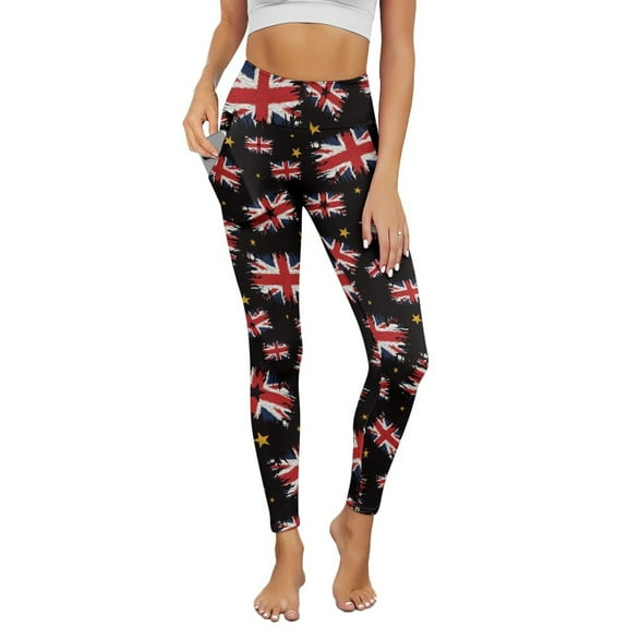 Renewold Union Jack Star Yoga Pants for Women with Pockets Full Length Workout Leggings High Waist Tummy Control Lounge Pants Activewear Fashion Womens Leggings, XS