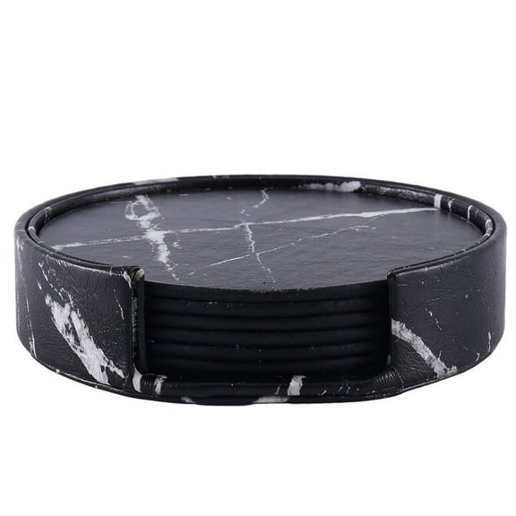 Coasters for Drinks 6-Piece with Holder,Marble Black Round Cup Mat Pad Set Of Home and Kitchen Use