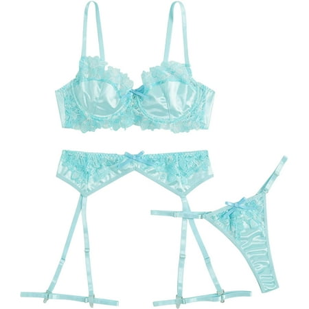 

ZHENG Womens Sexy Lingeries Exotic Garter Belt Set Floral Lace Bra and Panty 4 Pieces