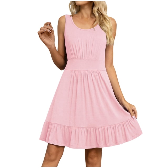 Yuyuzo Robes pour Femmes Été 2025 Robe Débardeur Sans Manches Col Rond Taille Smockée Volants Robe Mini Fluide