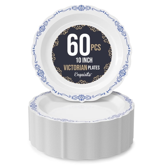 Exquisite Victorian 60-Piece Disposable Party Plates - 60 x 10 inch Dessert Plates, Heavy Duty White & Navy