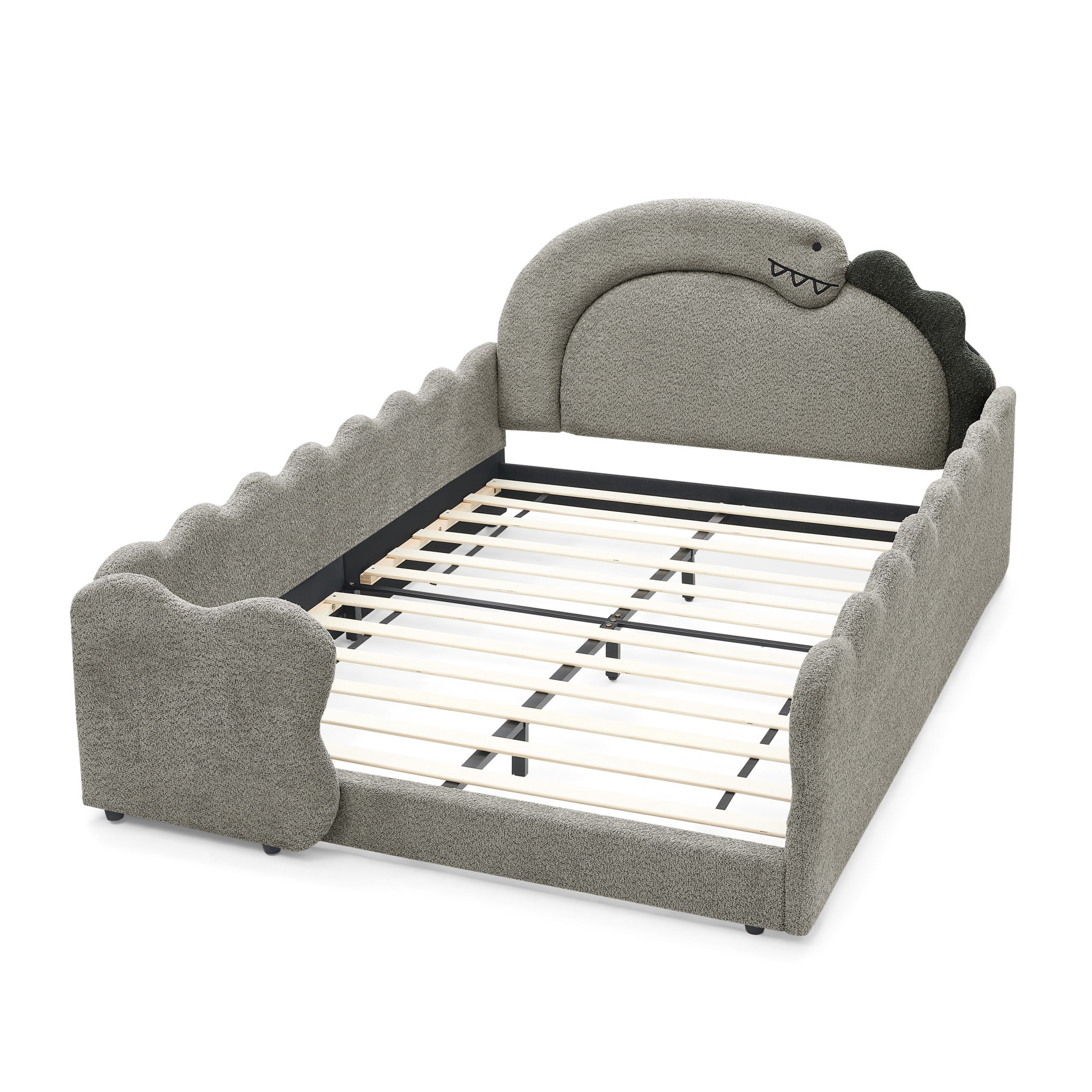 GDF Studio Full Size Cute Dinosaur Bed with Safety Guardrails & Solid Wood Frame, Boucle Fabric Upholstered Bed, Grey