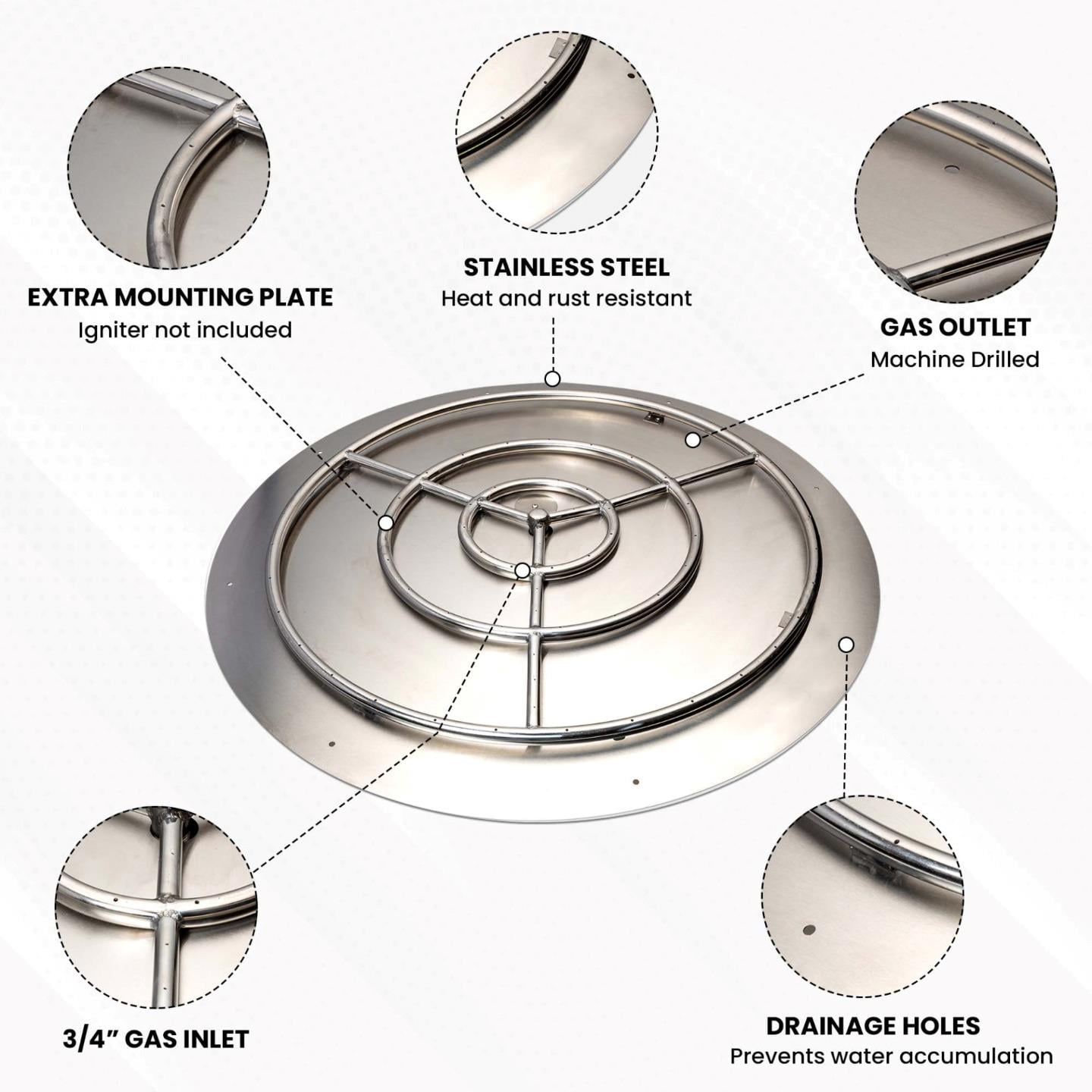 Dreffco Stainless Steel Fire Pit Burner Pan & Ring Deluxe Kit for Natural Gas, 36-Inch Pan, 30-Inch Ring, 250,000 BTU Max
