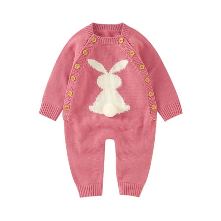 

FOCUSNORM Easter Days Baby Girls Boys Jumpsuits Pants Rabbit Printed Double Breasted Knit Sweater Romper
