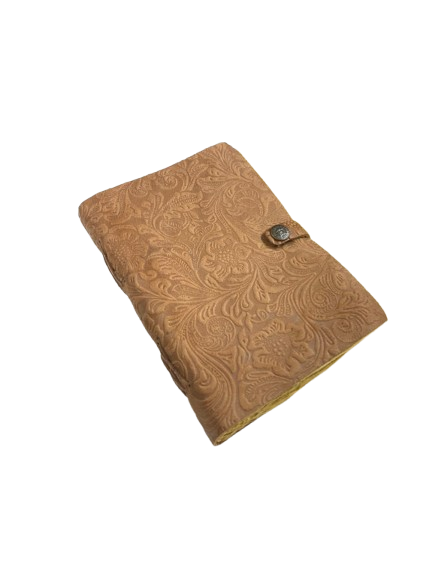Handmade Embossed Leather Journal – 5x7 inch Vintage Brown Notebook, 200 Handmade Paper Pages, Floral Pattern Cover, Button Closure, Artisan Diary