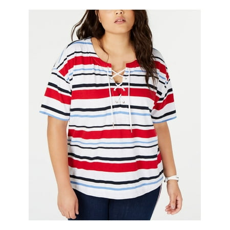 TOMMY HILFIGER Womens Red Striped Top Plus Size: 3X