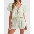 thumbnail image 6 of Women Y2k Two Piece Plaid Lounge Sets Puff Sleeve Tie Front Blouse Top Shorts Pajamas Set Green L, 6 of 7