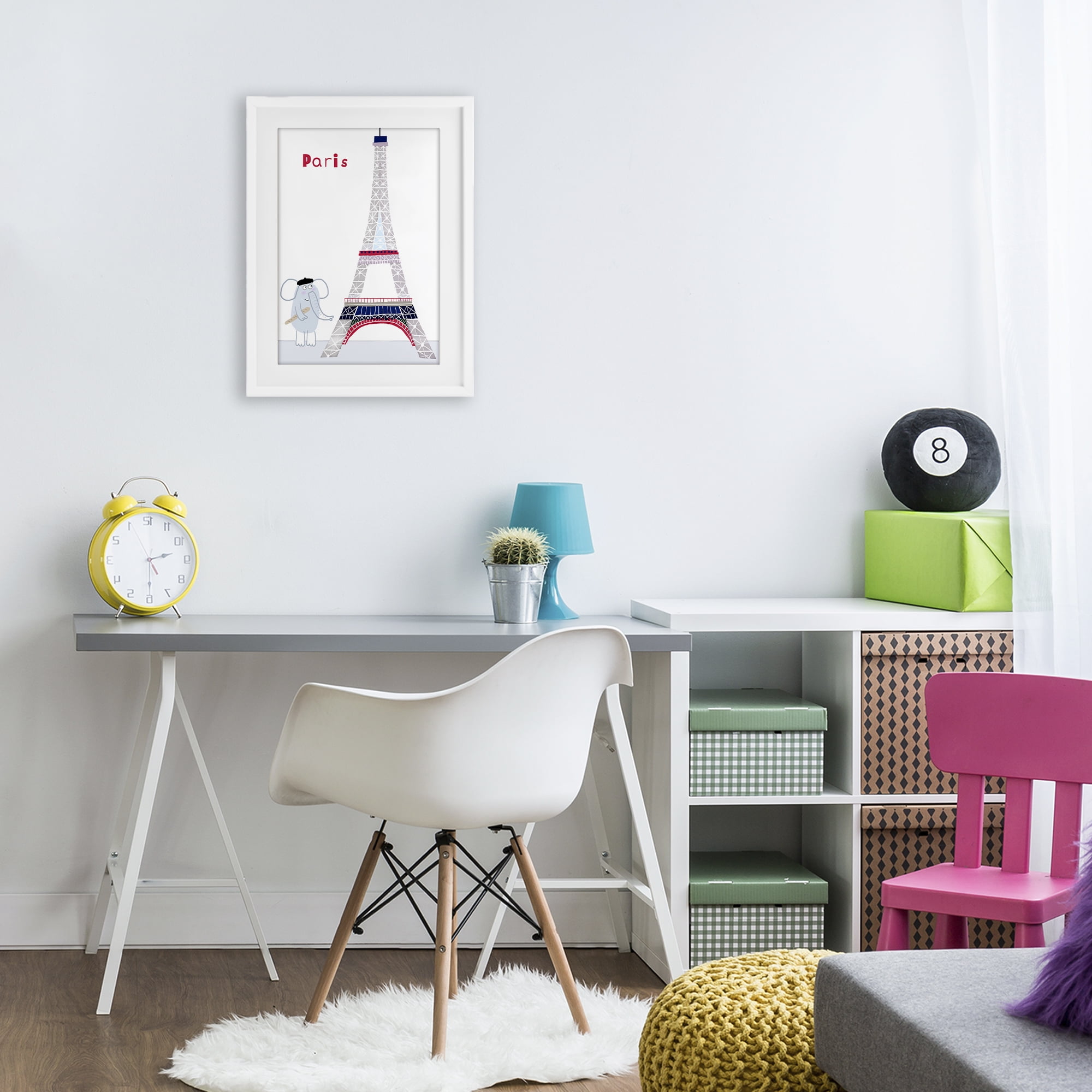 Elephant & Eiffel Tower White Framed Print Under Glass, design by Carla Daly