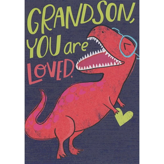 Designer Greetings Red T-Rex Wearing Blue Foil Glasses and Holding Green Heart Juvenile Valentine's Day Card for Pre-Teen Grandson
