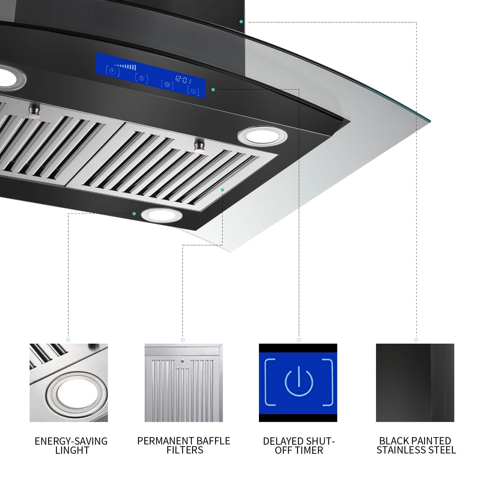 Range Hood 30-inch Island Mount Vent Hood 900 CFM Kitchen Stainless Steel 3-Speed Touch Control