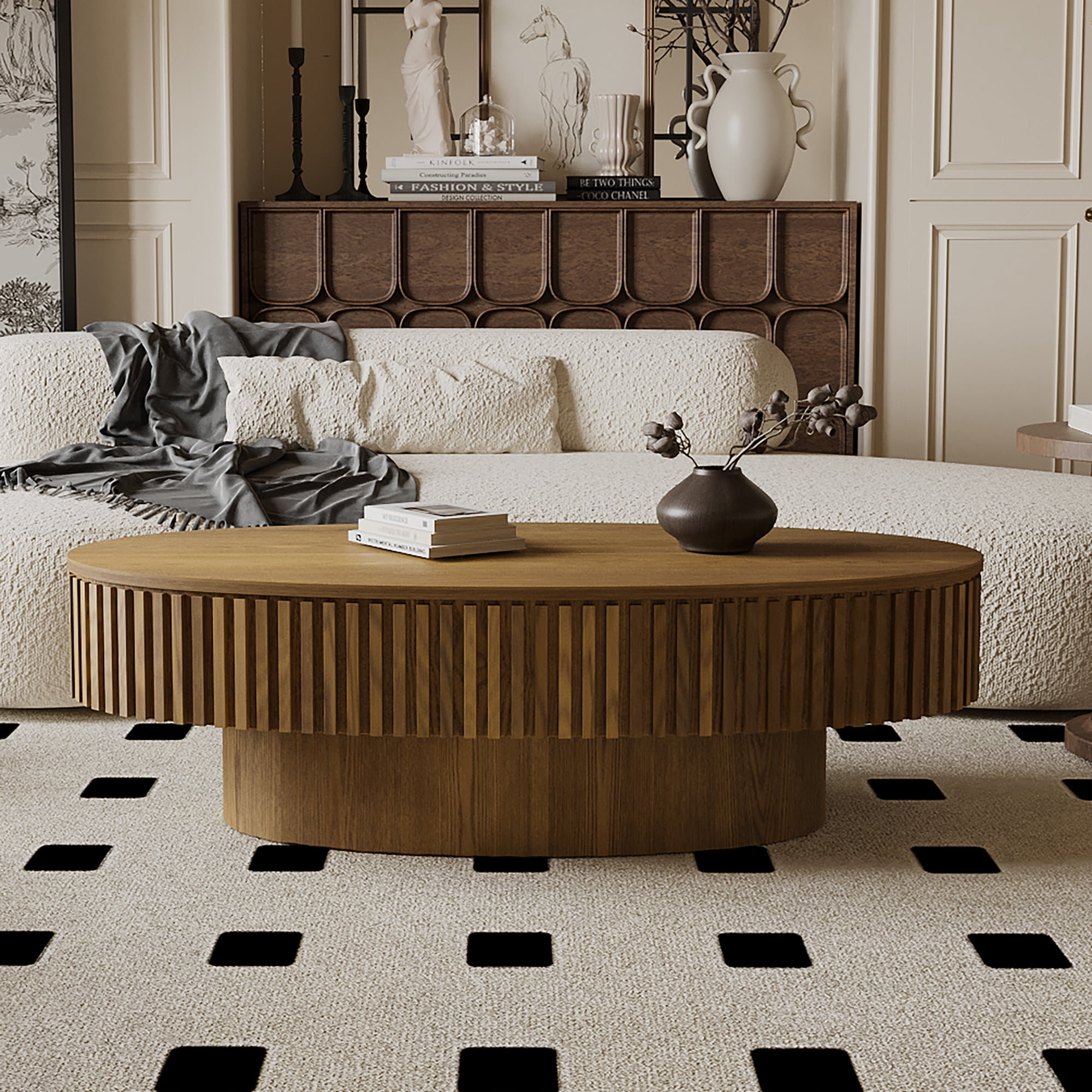 47" Oval Wooden Coffee Table with Storage, Fluted Drum Coffee Table with Lid, Luxury Solid Wood Center Cocktail Tea Table, Modern Oval Coffee Tables for Living Room Office