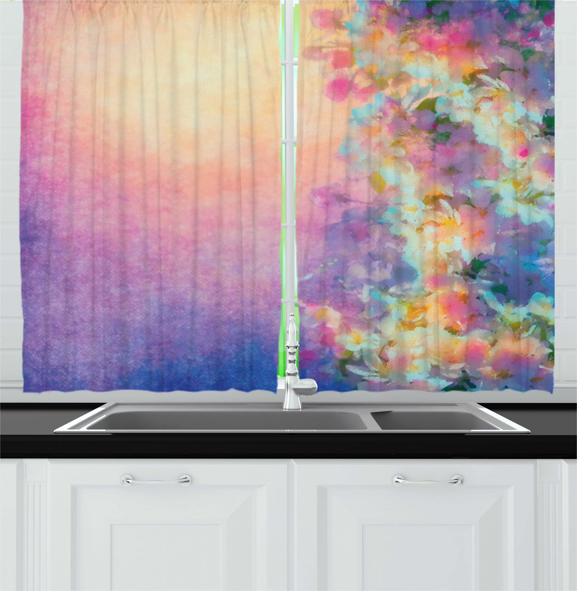 Purple Kitchen Curtains, Watercolor Style Effect Spring Cherry Blossom
