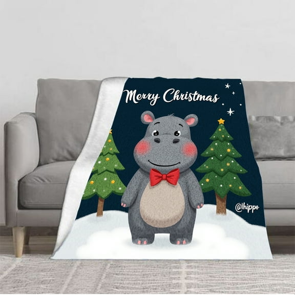 Cozy Flannel Blanket with Cute Hippo Design Perfect for Christmas Soft Warm Ideal for Sofa Travel Bed and Chair