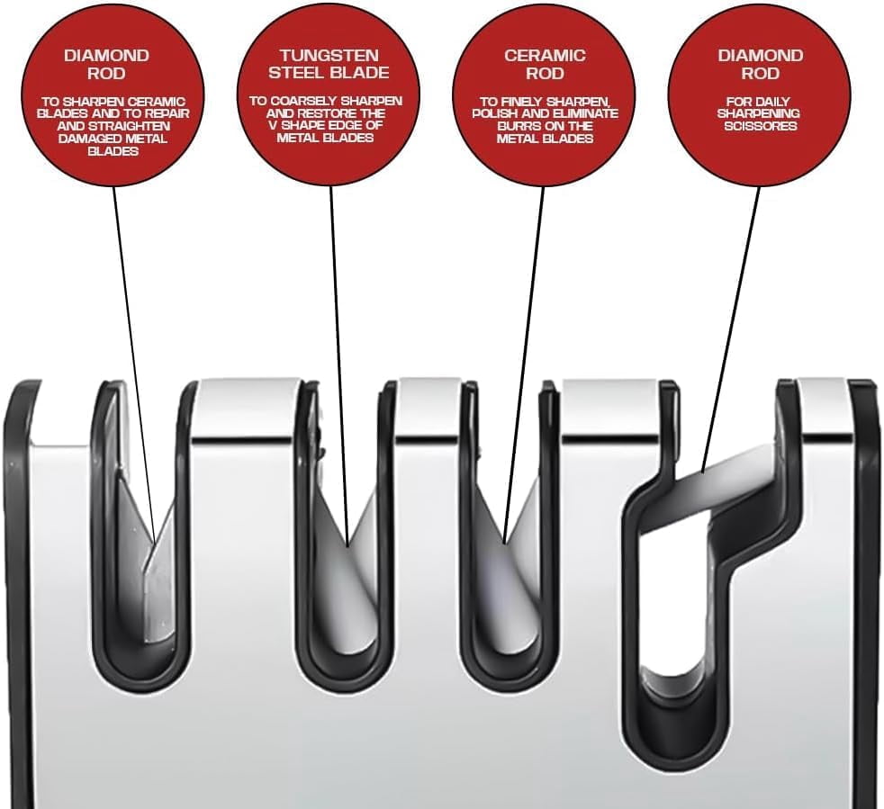 4-in-1 Kitchen Knife Accessories: 4-Stage Knife Sharpener Helps Repair, Restore, Polish Blades and Cut-Resistant Glove (Black & Red)