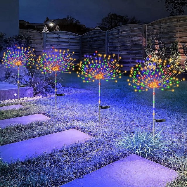 4 luces solares de fuegos artificiales con tubo de arcoíris, 120 luces LED decorativas solares para jardín al aire libre, cadena impermeable IP65