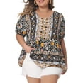 thumbnail image 1 of Camisas de verano de mujer plus size con cuello en V y mangas cortas tipo linterna Agnes Orinda, blusas boho con peplum floral 2X negras, 1 of 8