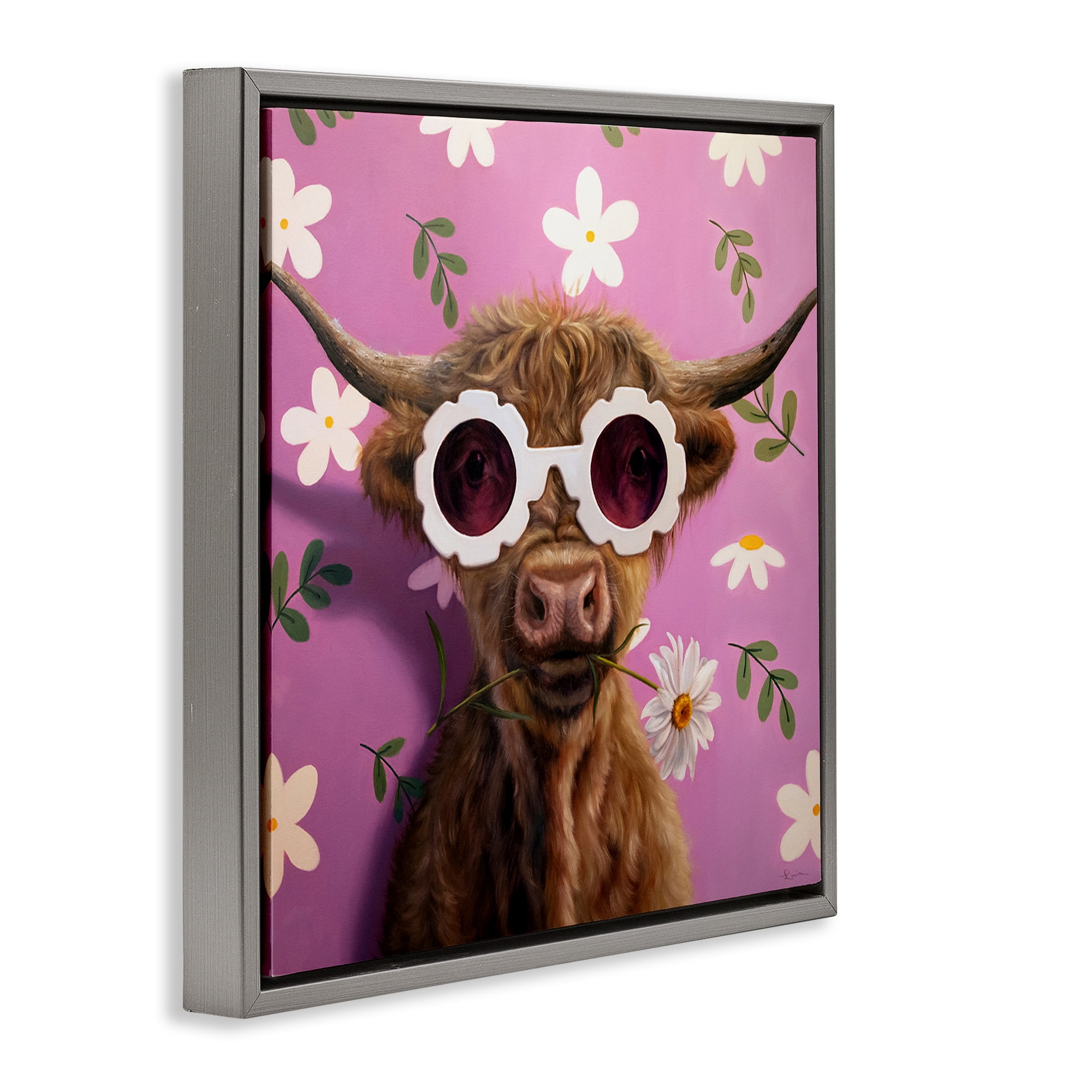 Stupell Industries Fresh As A Daisy Cattle Gray Framed Floater Canvas Wall Art, design by Lucia Heffernan