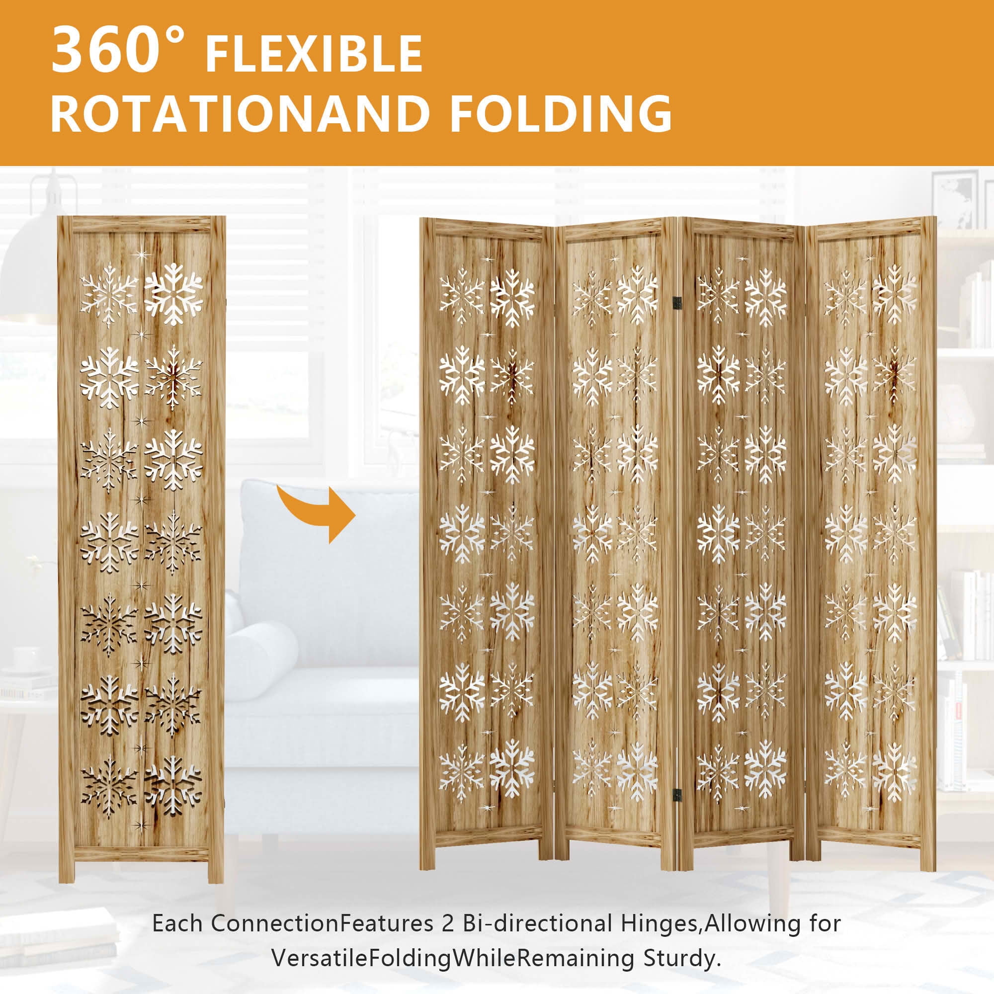 MAYEERTY 63x1x67 Inch Natural Charcoal Snowflake Wooden Folding Privacy Screen, 4 Panel Set for Home & Patio
