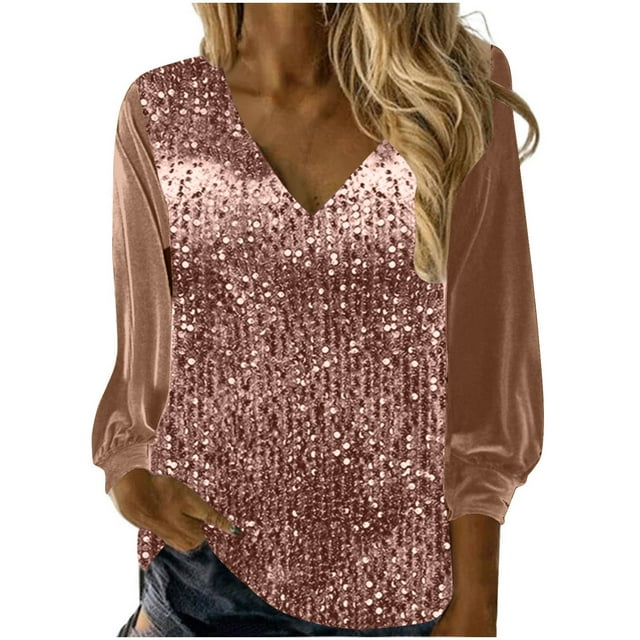 TIMIFIS Sequin Long Sleeve Shirts for Women Casual Loose Solid Color Pullover Tops Trendy V Neck Going Out Blouses Shirts Spring Fall - Spring/Summer