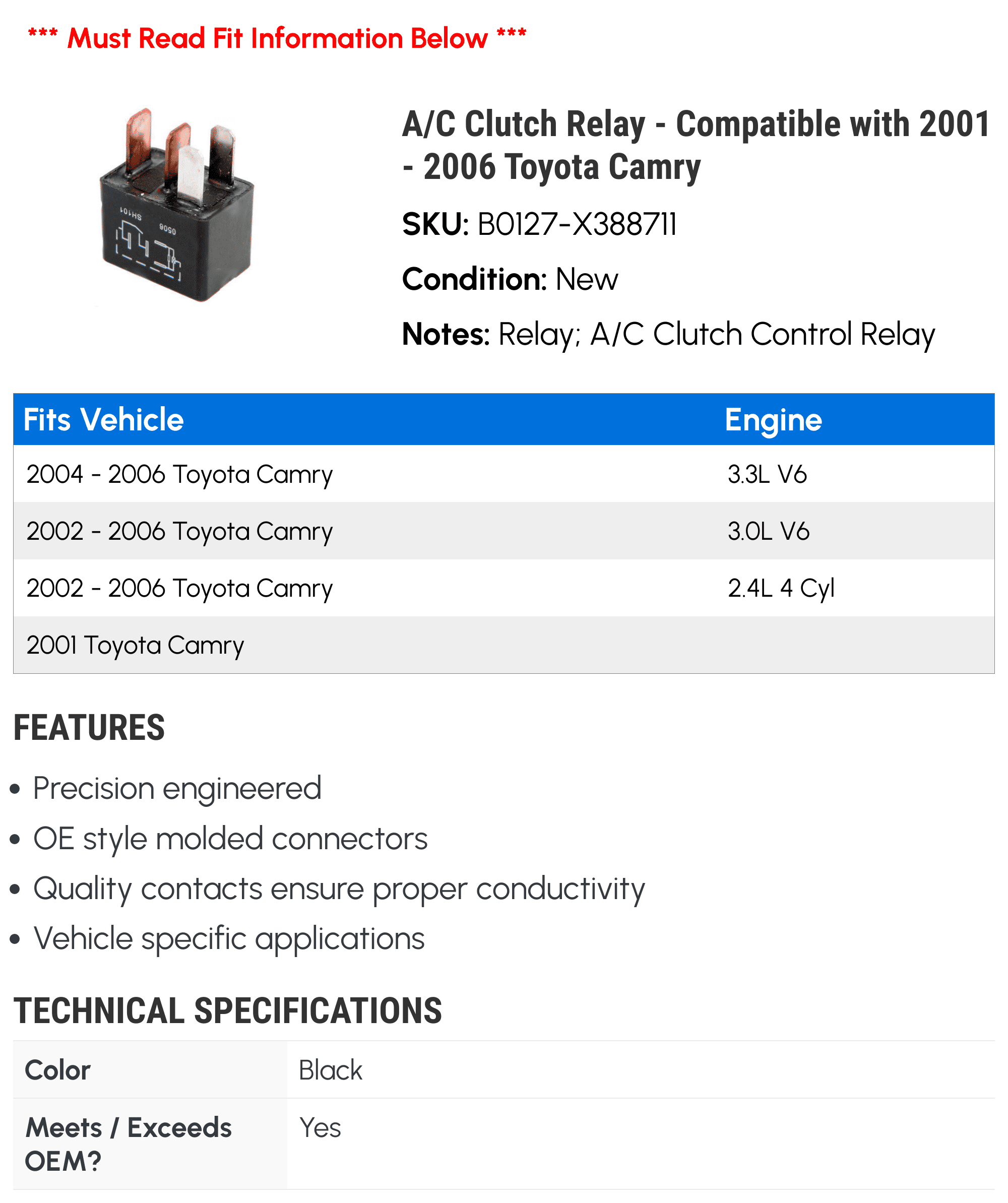 A/C Clutch Relay - Compatible with 2001 - 2006 Toyota Camry 2002 2003 2004 2005