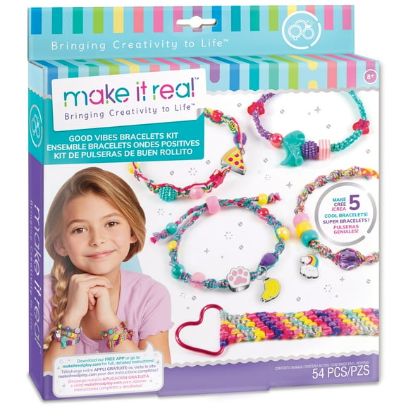 Make It Real: Good Vibes Bracelet Kit - Create 5 Unique Cord Charm Bracelets, 54 Pieces, Includes Play Tray, All-In-One, DIY Charm & Bead Jewelry Kit, Tweens & Girls, Arts & Crafts, Kids Ages 8 