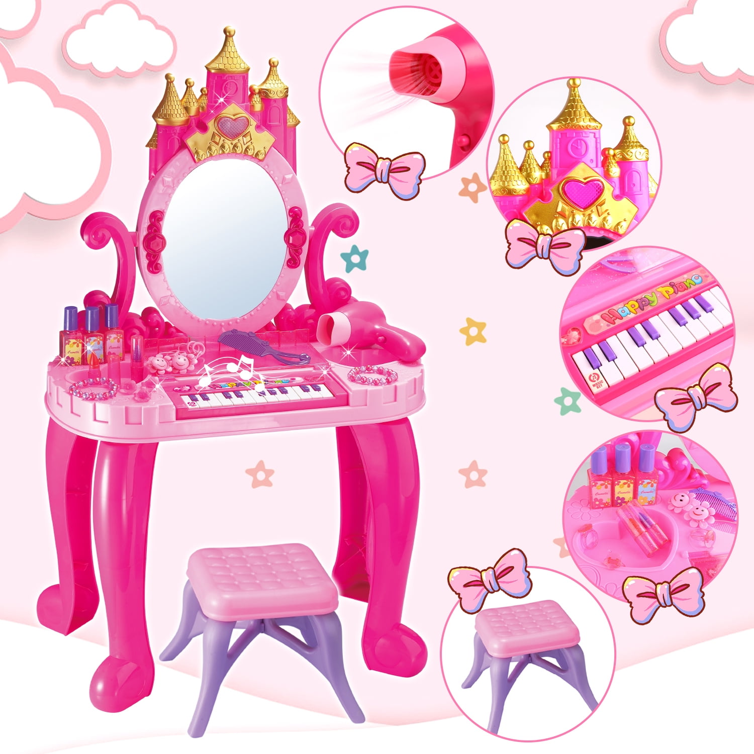 Flooyes Pretend Play Toys for Girls Toddlers, 13-key Piano Vanity Princess Toy Birthday Gift for Girl Kids Ages 3 4 5 6 Years.