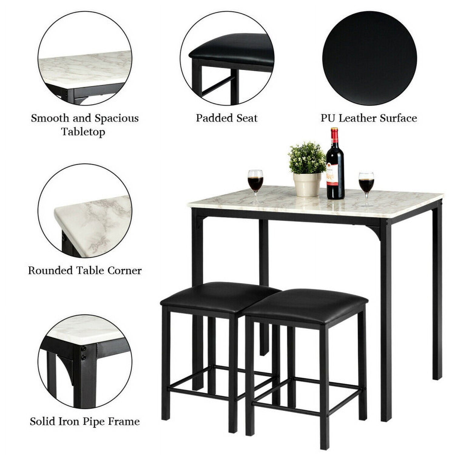 Finihen Dining Set, Dining Table Set, 3 Piece Counter Height Dining Set Faux Marble Table, for Home, Restaurant, Faux Marble, White Finihen Dining Set, Dining Table Set, 3 Piece Counter Height Dining Set Faux Marble Table, for Home, Restaurant, Faux Marble, White