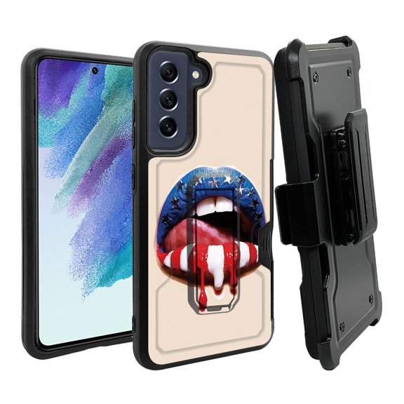 ANJ  Rugged Dual Layer Hybrid Holster Kickstand Case w/ Card Slot   Tempered Glass Cover for Samsung Galaxy S21 FE 5G - American Lips