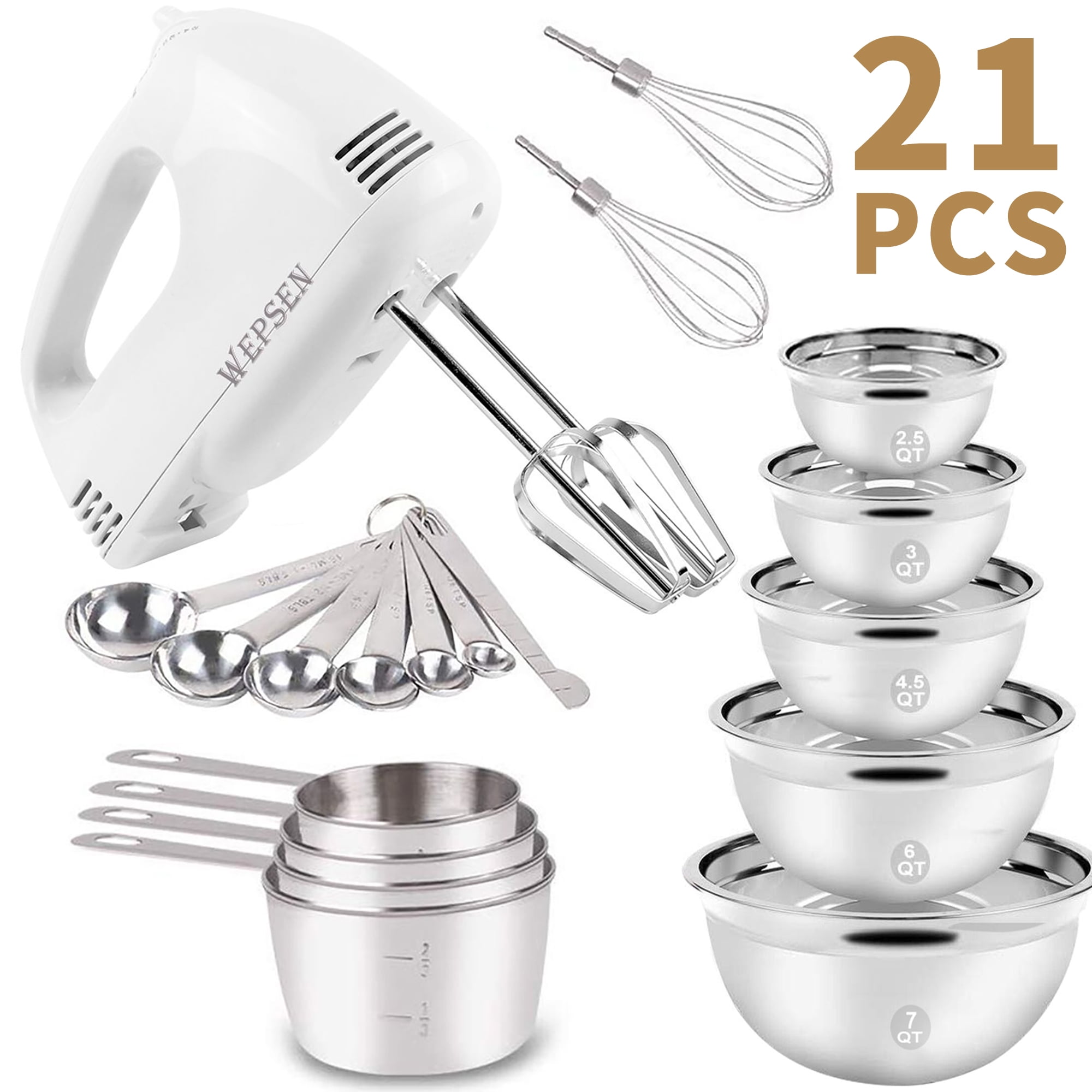 600W Electric Hand Mixer with 6 Piece Mixing Bowls with Airtight Lids Set,  Mixer Electric Handheld Stainless Steel Metal Nesting Bowls Set for Kitchen