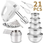 KOSBON Electric Hand Mixer Mixing Bowls Set, Upgrade 5-Speeds Mixers with Silver Nesting Stainless Steel Mixing Bowl, Measuring Cups and Spoons Whisk Blender - Baking Supplies for Cooking
