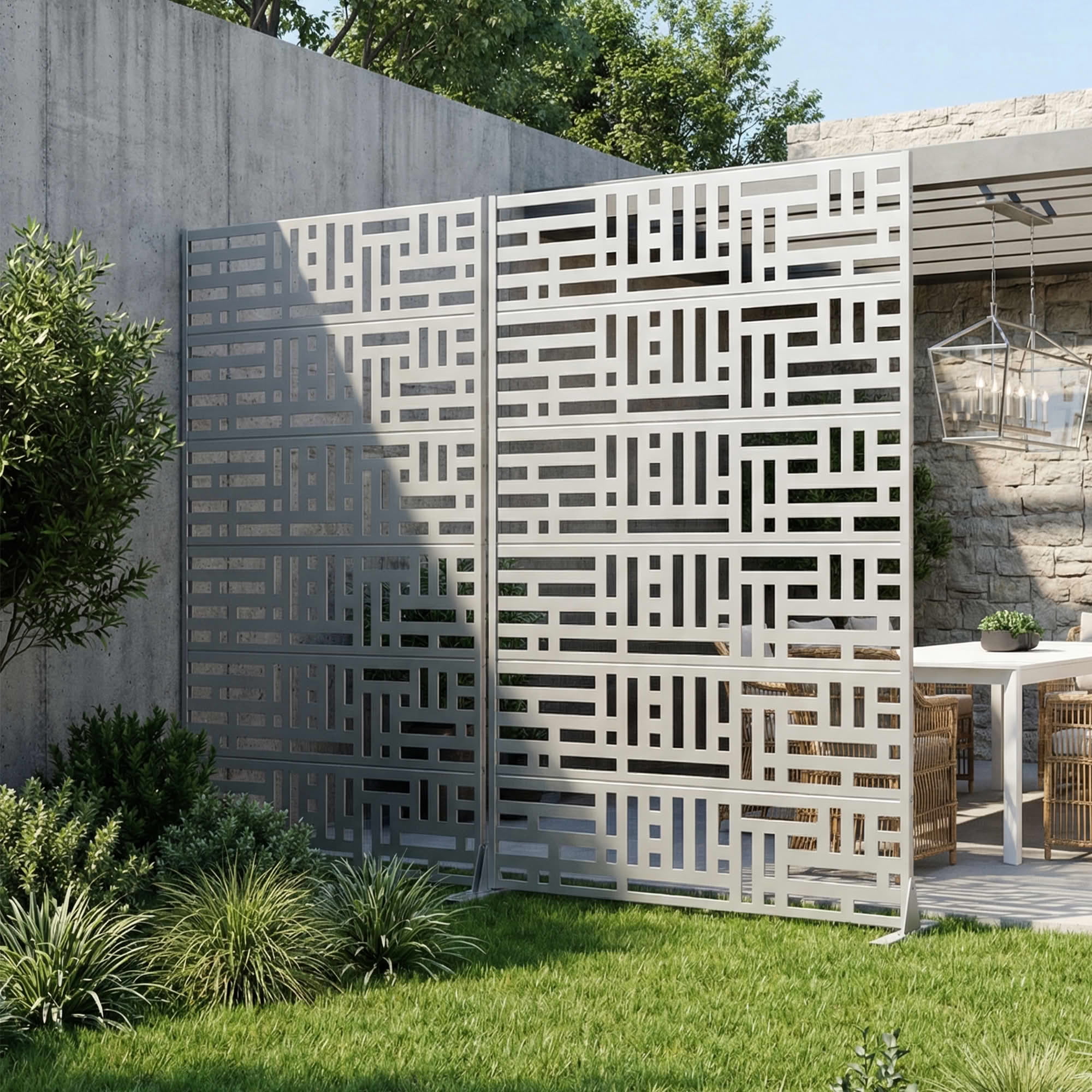 MAYEERTY 72"x47" Outdoor Privacy Screen, 6-Panel White Street Pattern Galvanized Steel Screen, Decorative Cutout Fence for Patio Yard