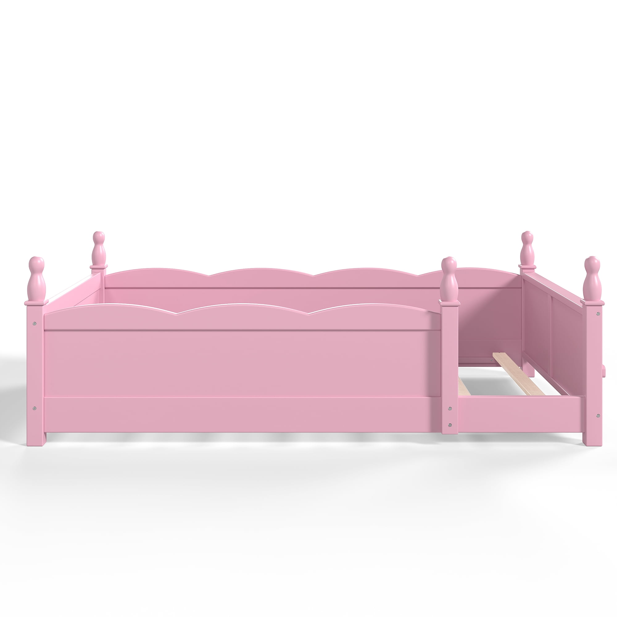 Montessori Twin Floor Bed with Full-Length Guardrails and Bookshelf, Low Profile Kids Bed with Childlike Design, Pink