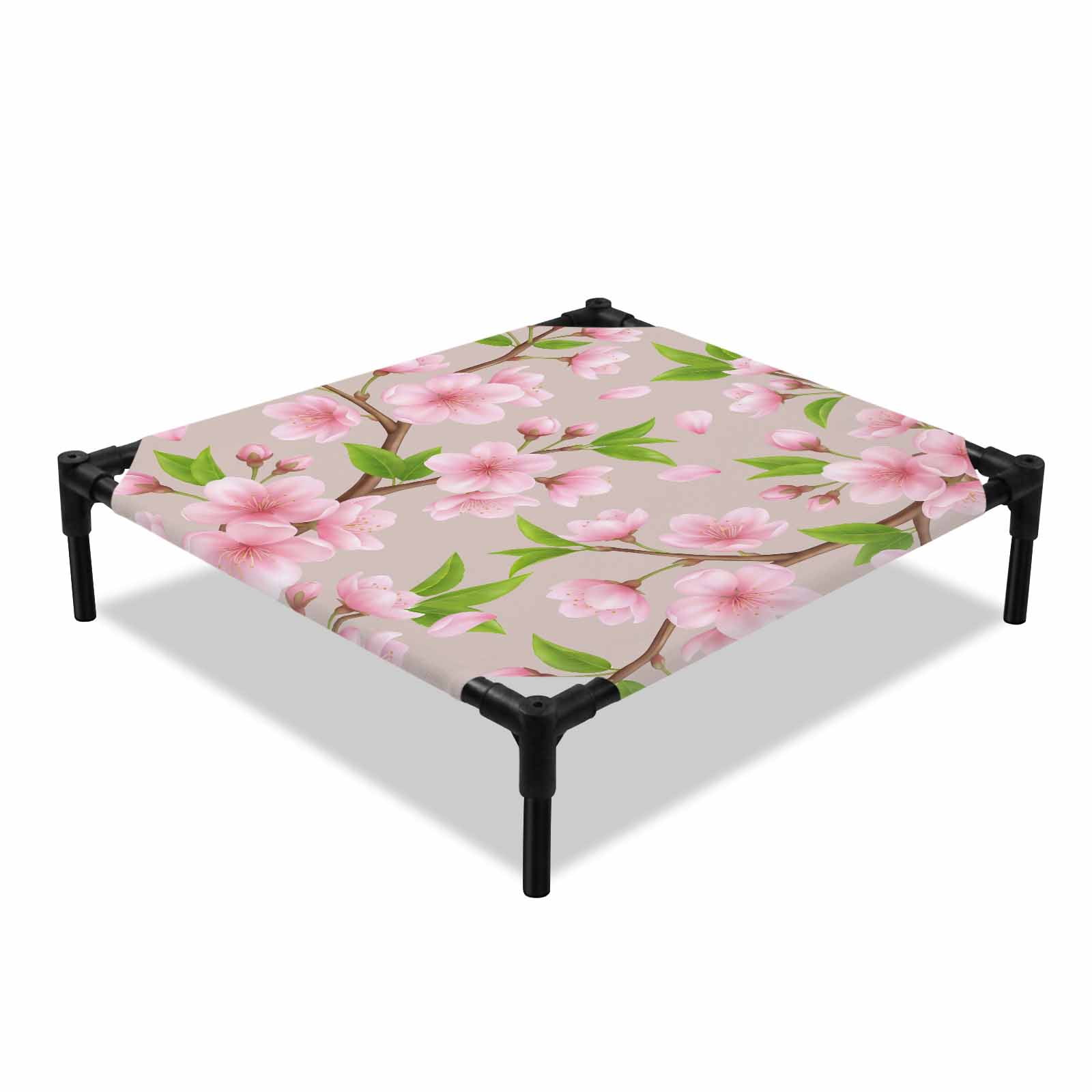 Spring Floral Elevated Dog Bed Watercolor Flower Green Leaves Light Pink Background Cooling Breathable Outdoor Raised Dog Cot Bed with Metal Frame Non-Slip Feet for Small Dog 20x20in