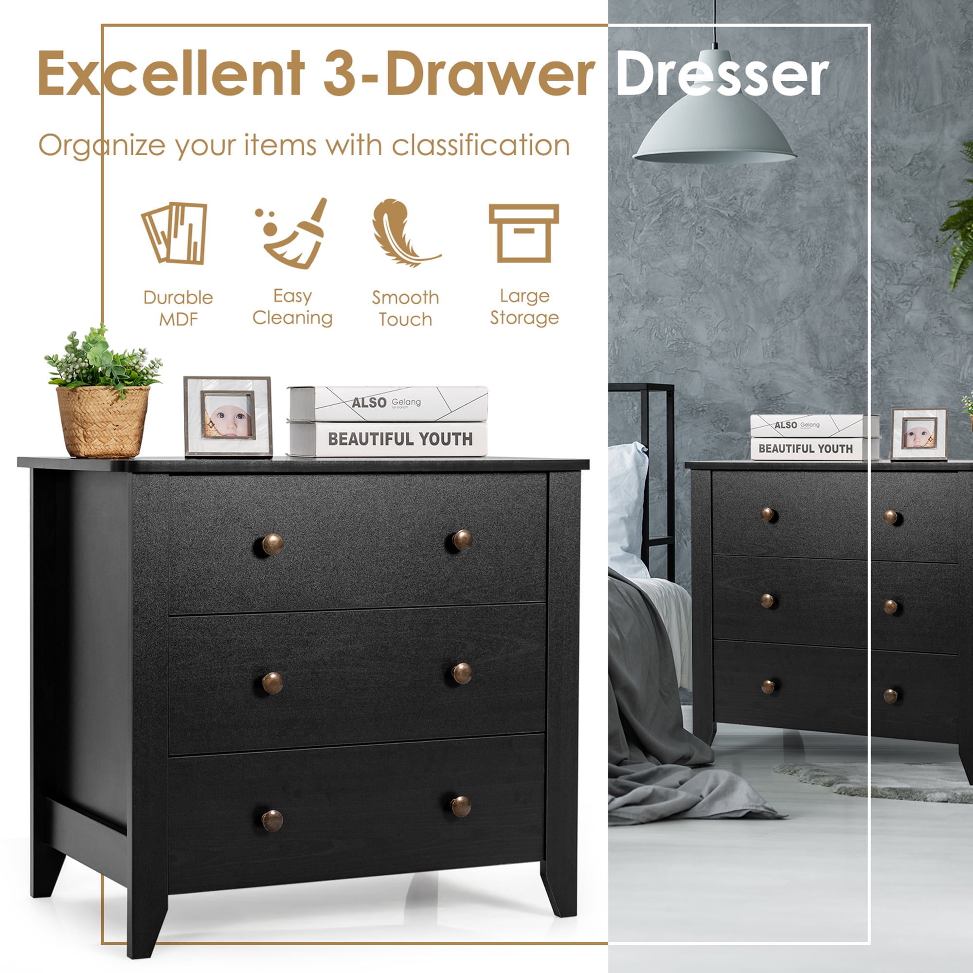 Gymax 3 Drawer Dresser Chest of Drawers Bedside Table for Living Room Bedroom Black