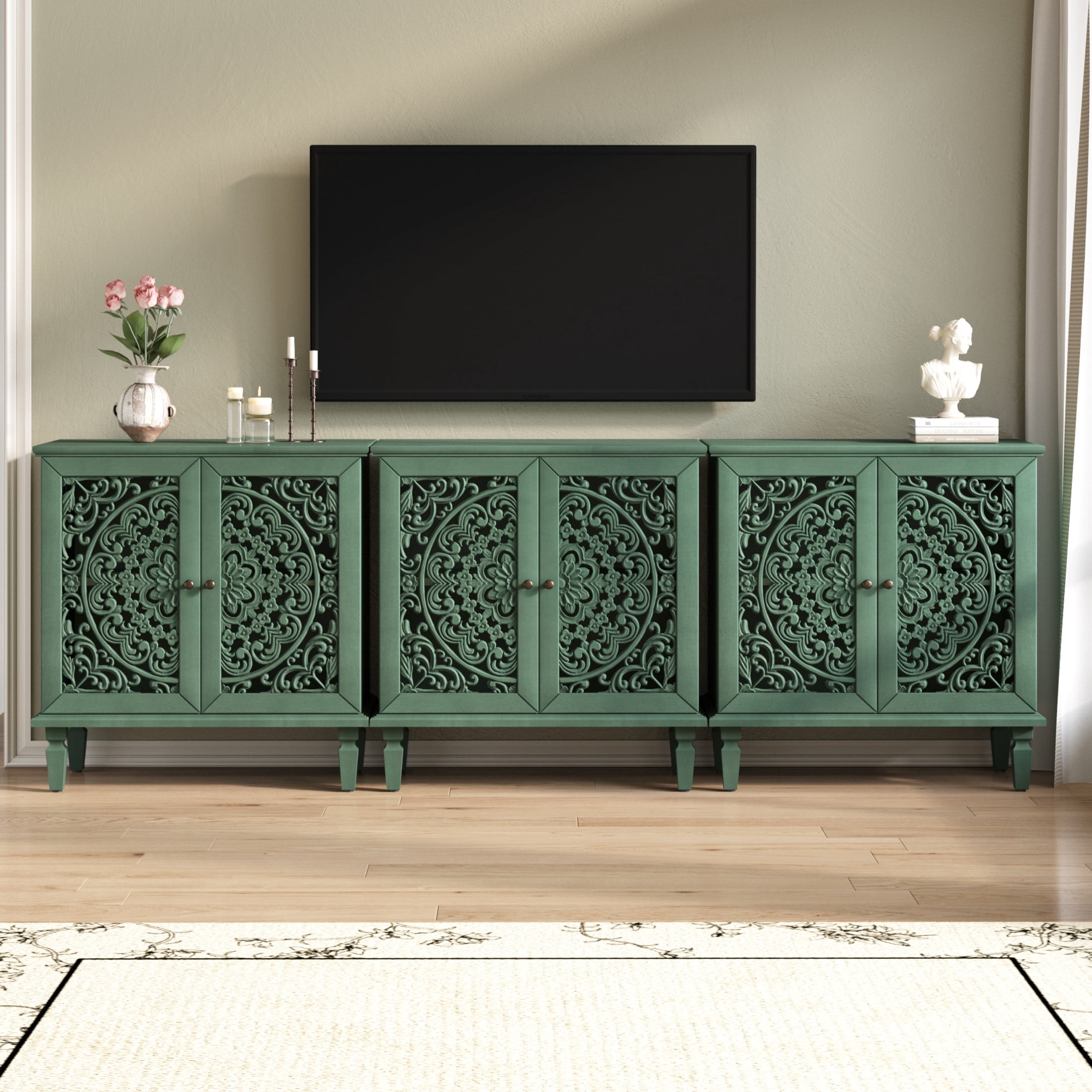 Noble house Vintage Hollow-Carved Accent Cabinet, 2-Door Sideboard, Adjustable Shelf & Solid Wood Legs,Antique Green