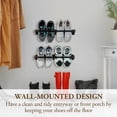 thumbnail image 2 of Wall Mounted Hanging Shoe Rack, Urban Industrial Burnt Solid Wood Shoe Holder Storage Organizer with Matte Black Metal Rails and Adjustable Sizing, Set of 2, 2 of 6
